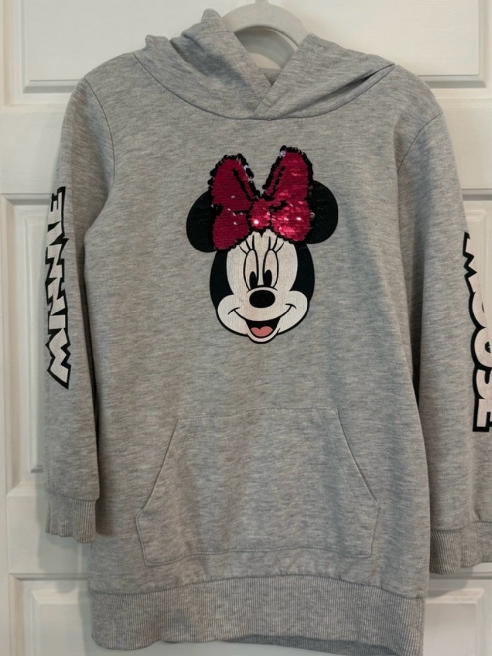H&M Disney Minnie Mouse Hoodie Girls 4-6Y Gray Sequin Bow Sweatshirt EUC
